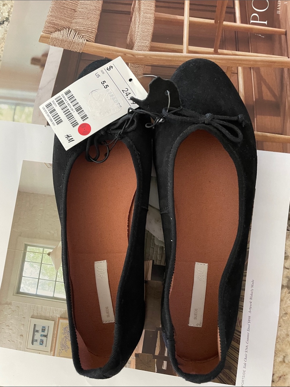 NWT H&M Black Suede-Look Ballet Flats with Bow Accent